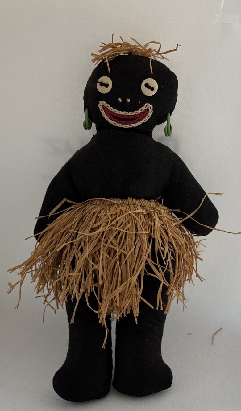 Vintage Handmade Black Cloth Folk Art Island Dancer Doll Raffia Skirt
